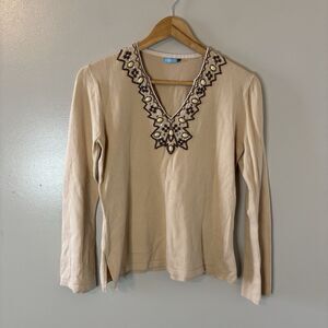 J. McLaughlin Beaded Rhinestone Top Tan Brown Mature Sweater Sz Medium